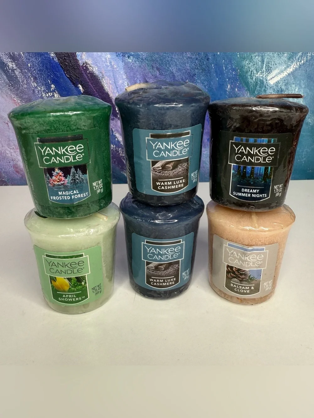 6 Yankee Candle Votive Balsam Clove Summer Night April Shower Forest Cashmere